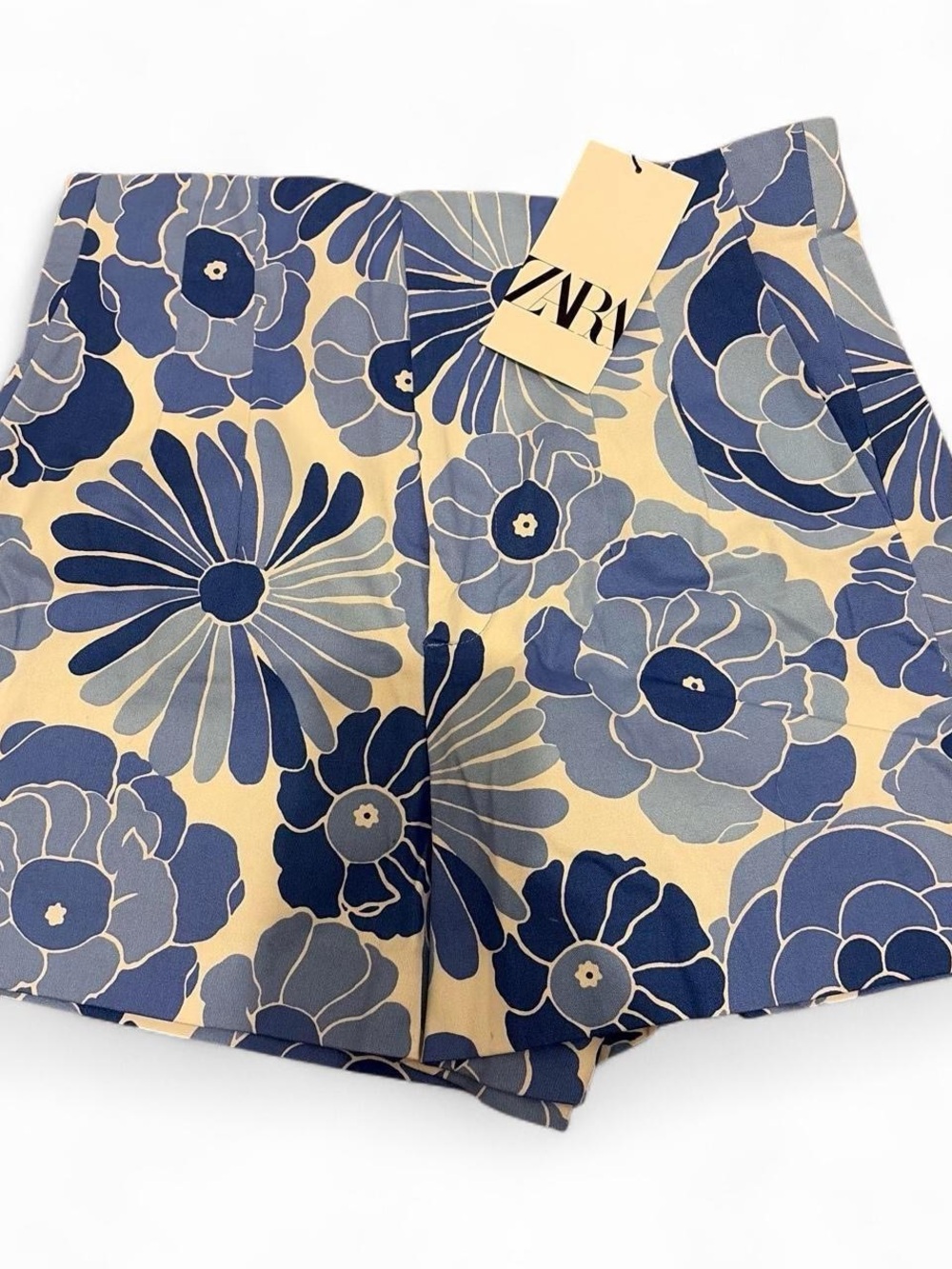 Zara Cream and Blue Floral High-Waist Shorts